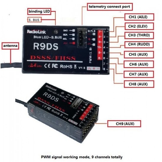 Radiolink R9DS 2.4G 10CH Receiver for Radiolink AT9/AT10 Remote Controller